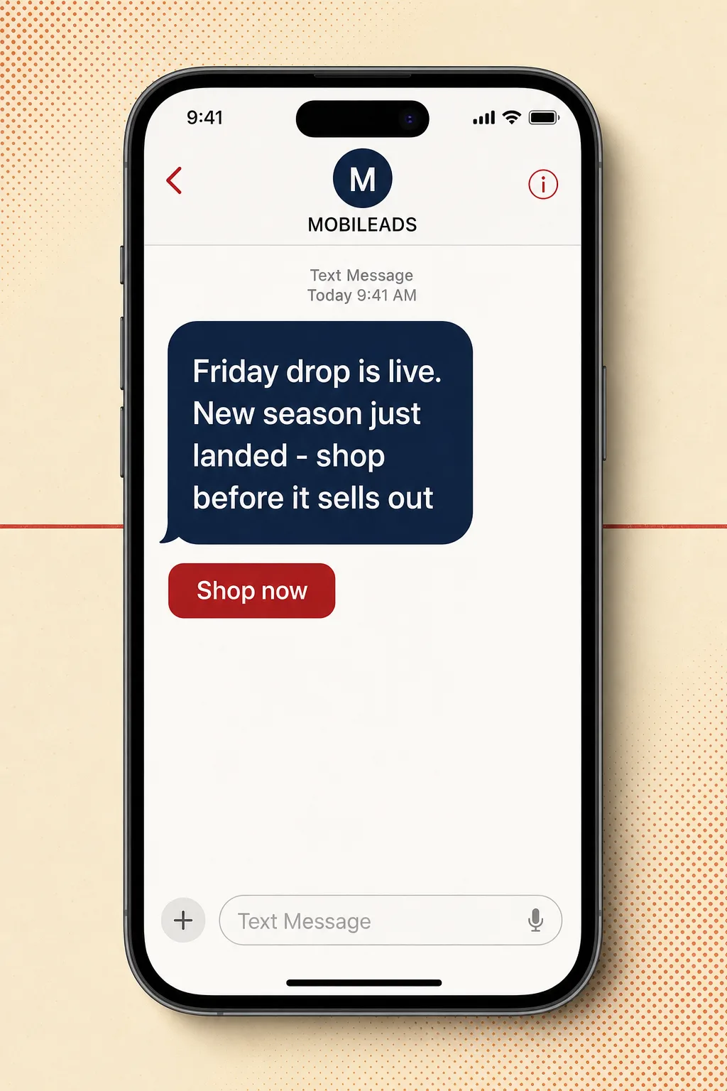 A smartphone showing an example campaign SMS announcing a Friday product drop