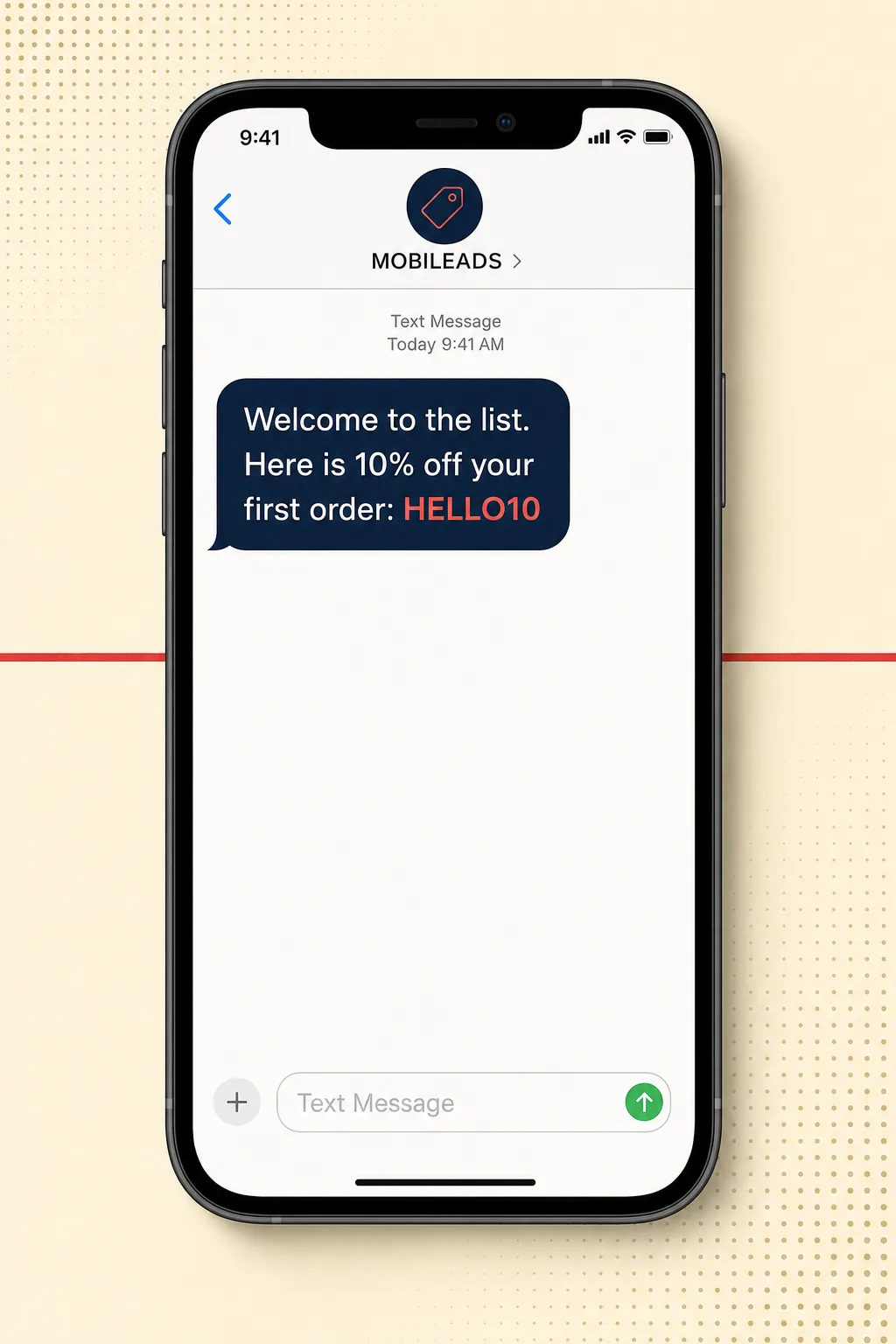 A smartphone showing an example welcome SMS with a first-order discount code